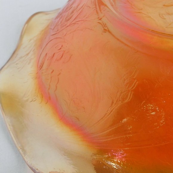 Vintage Marigold Orange Carnival Glass Bowl Ruffled Lip 9.5" Vine Flower Pattern - Picture 4 of 6